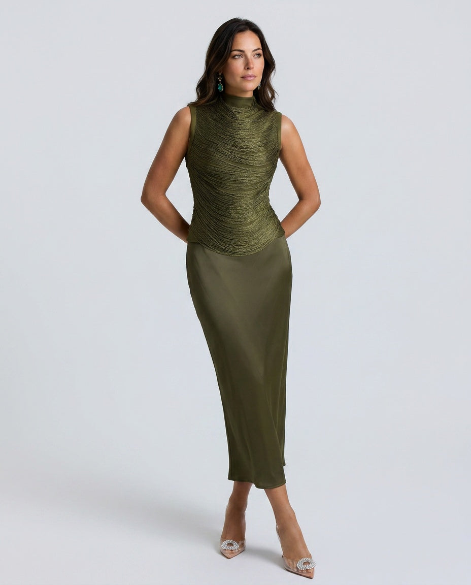 Josephine | Tassel Sleeveless Top &amp; Satin Low Waist Maxi Skirt Set