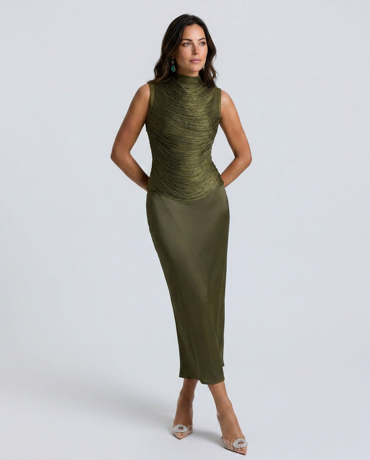 Josephine | Tassel Sleeveless Top &amp; Satin Low Waist Maxi Skirt Set