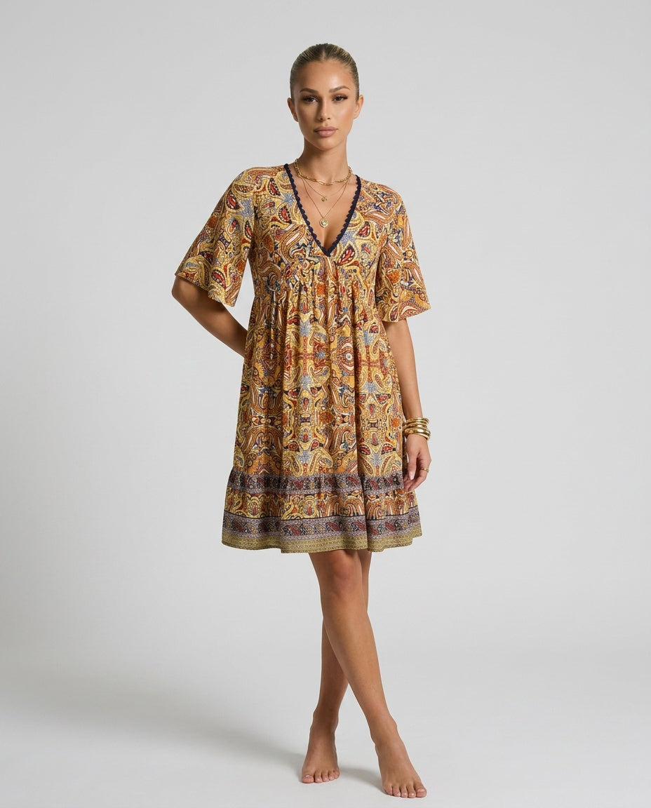 Giselle | V-Neck Flared Sleeve Paisley Mini Dress