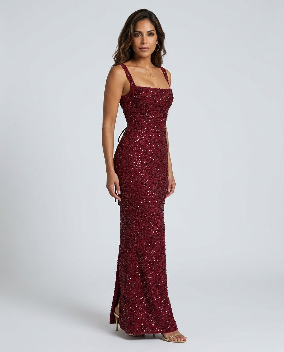 Sabine | Sequin Tie-Up Square Neck Maxi Dress