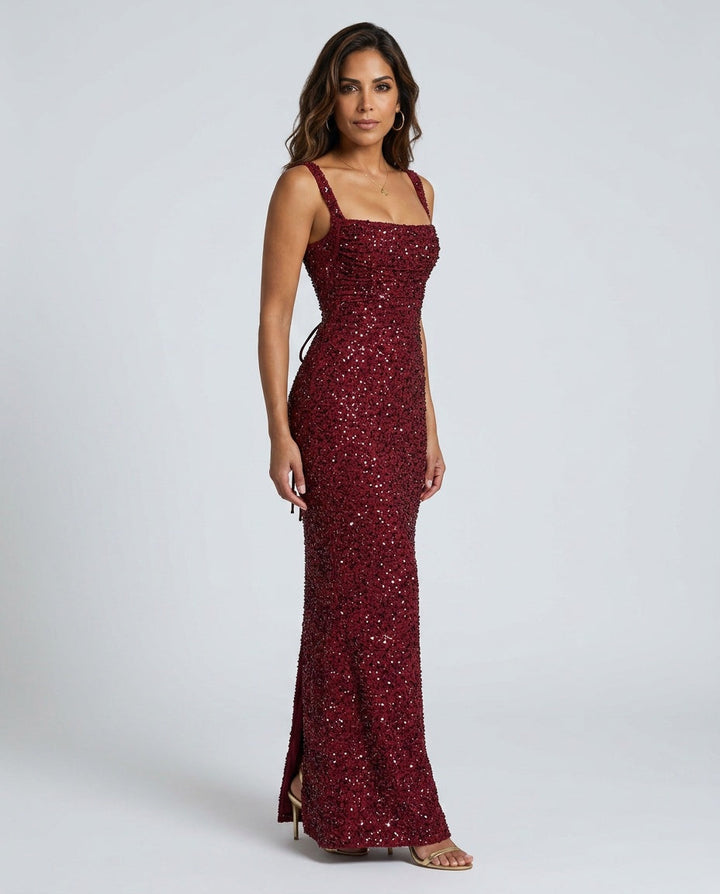 Sabine | Sequin Tie-Up Square Neck Maxi Dress