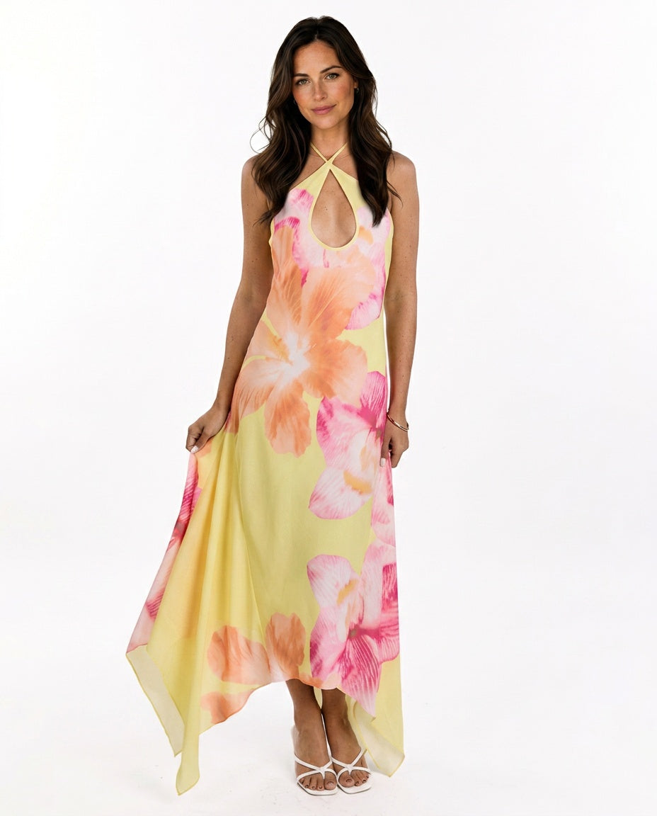 Elowen | Hibiscus Floral Halter Maxi Dress