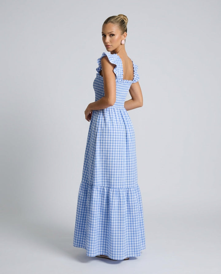 Celeste | Smocked Gingham Ruffle Sleeve Maxi Dress