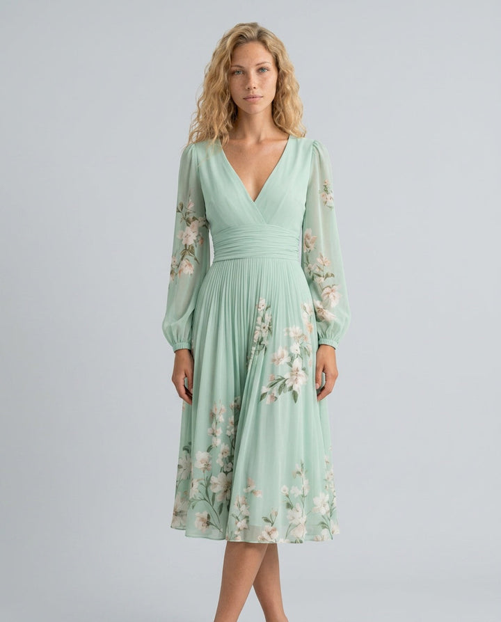 Aurelia | Long Sleeve Floral Midi with Pleated Skirt