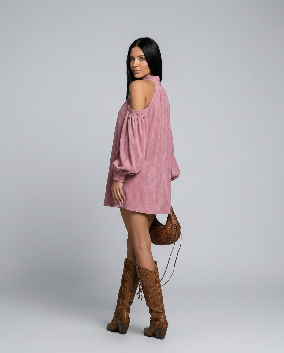 Sienna | Faux Suede Halter Mini with Lantern Sleeves