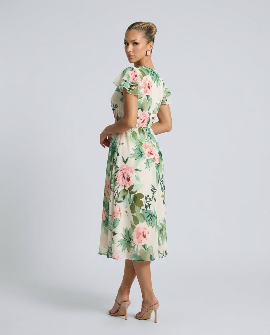 Blossom | Floral Midi with Lace-Up Deep V Neck