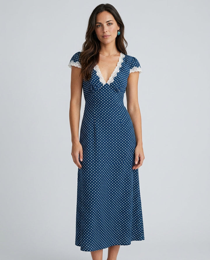 Elodie | V-Neck Polka Dot Lace Ruched Maxi Dress