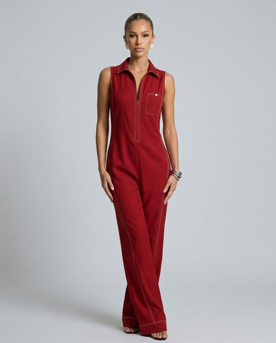Evie | Loose-Fit White Trim Sleeveless Jumpsuit