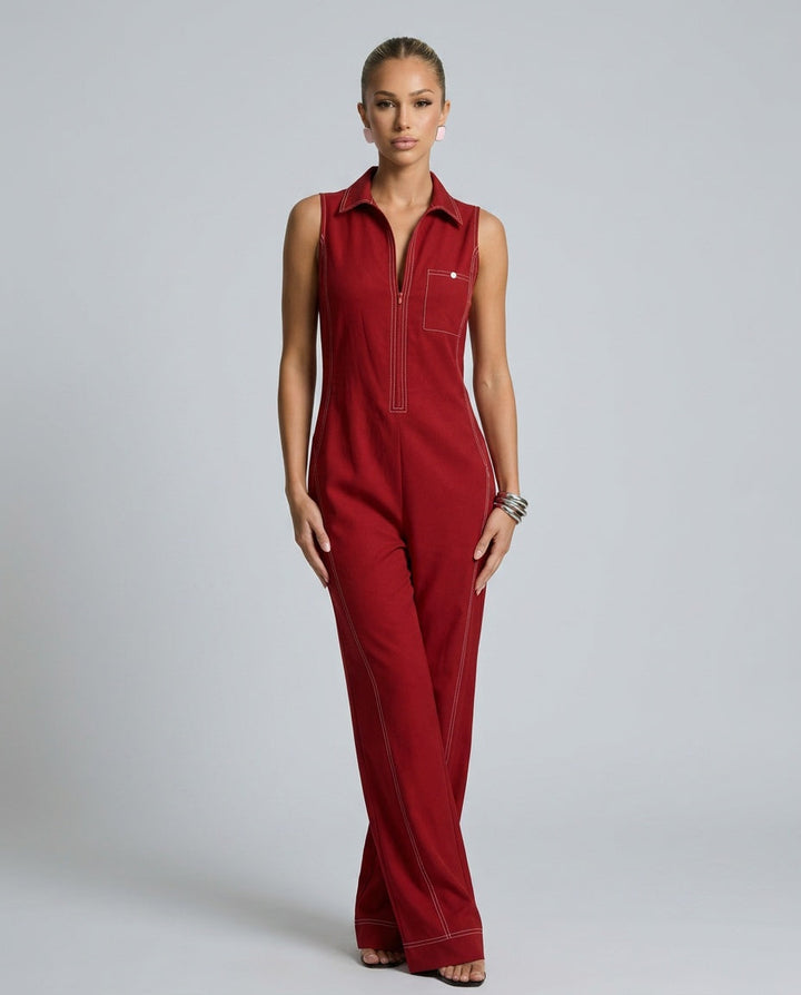 Evie | Loose-Fit White Trim Sleeveless Jumpsuit
