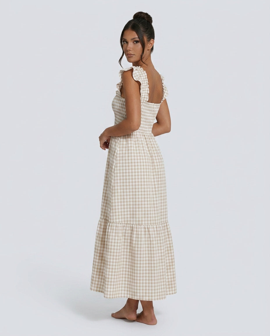 Celeste | Smocked Gingham Ruffle Sleeve Maxi Dress
