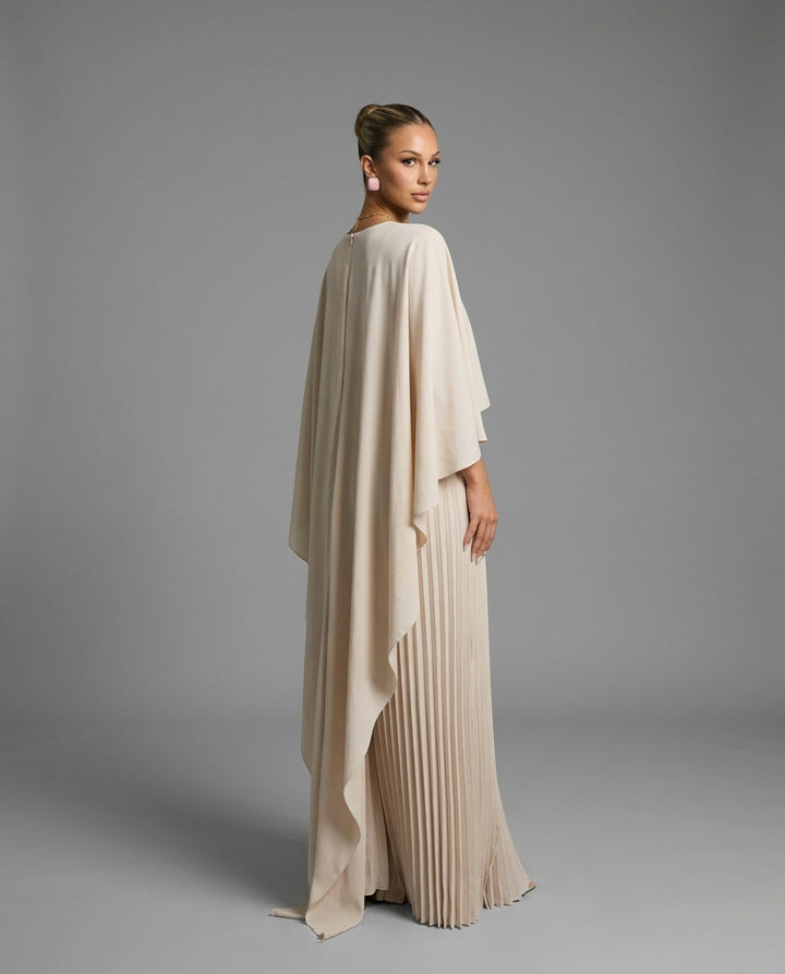 Oryna | Asymmetric Cape Overlay Pleated Maxi Dress