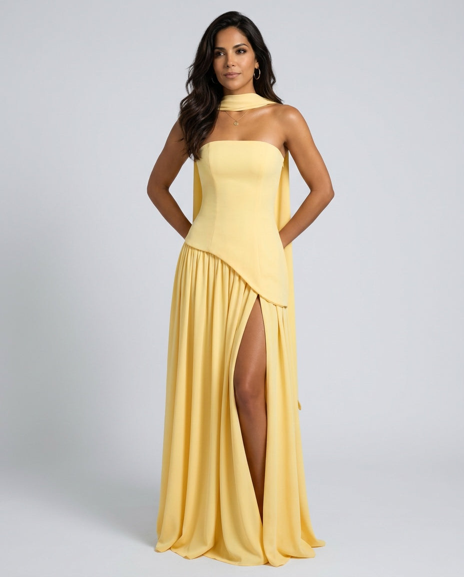 Romy | Strapless Asymmetric Waist Maxi Dress