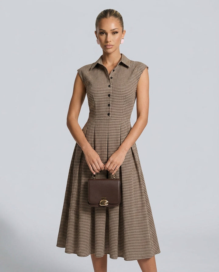Harriet | Plaid Button Pleated Midi Dress