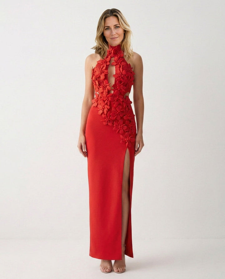 Kira | 3D Floral Halter Neck Bandage Maxi Dress