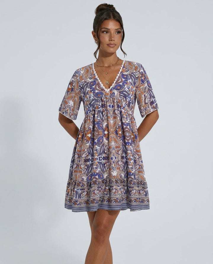 Giselle | V-Neck Flared Sleeve Paisley Mini Dress