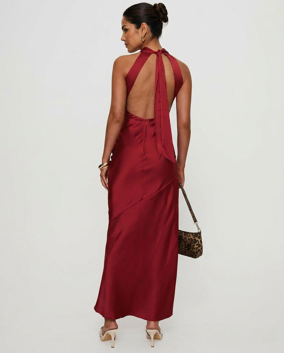 Mordecai | Halter Neck Burgundy Maxi Dress