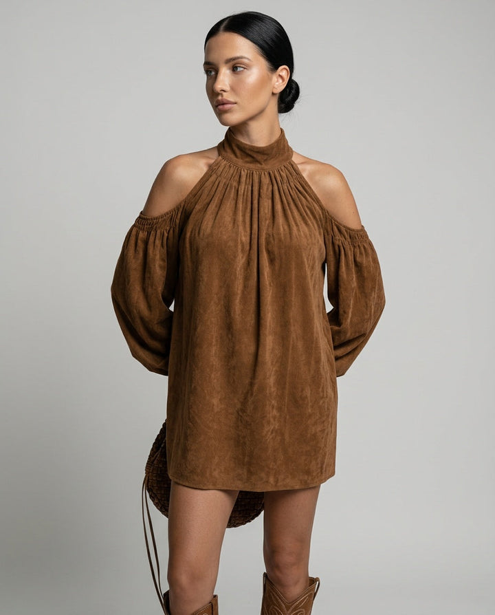 Sienna | Faux Suede Halter Mini with Lantern Sleeves
