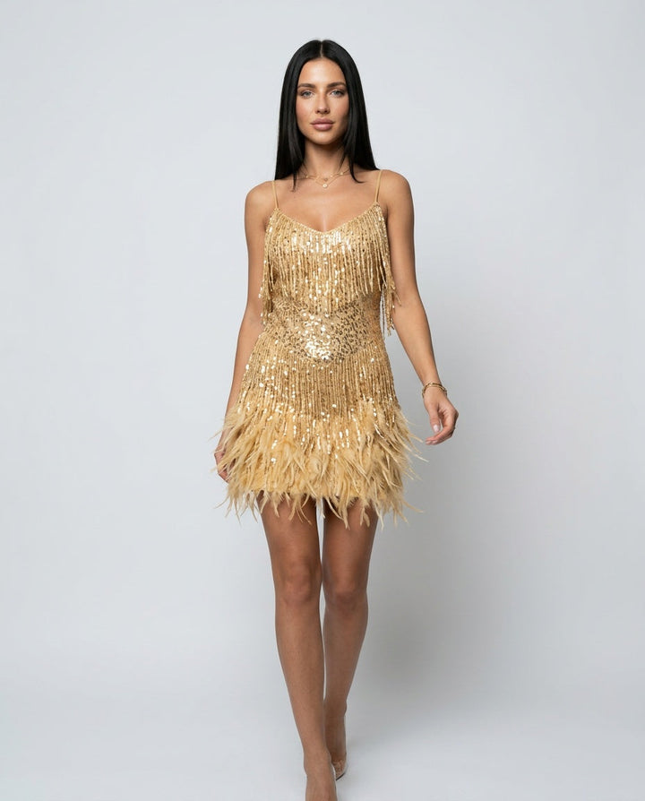 Roxie | Mini Sequin Dress with Feather Tassels