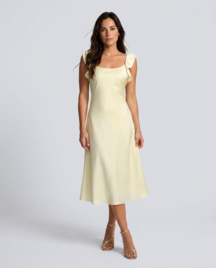 Nadia | Square Neck Ruffle Satin Midi Dress