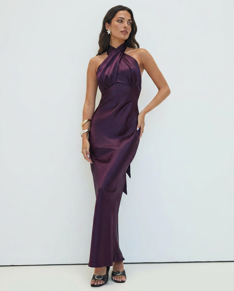 Rosaminta | Halter Neck Plum Maxi Dress