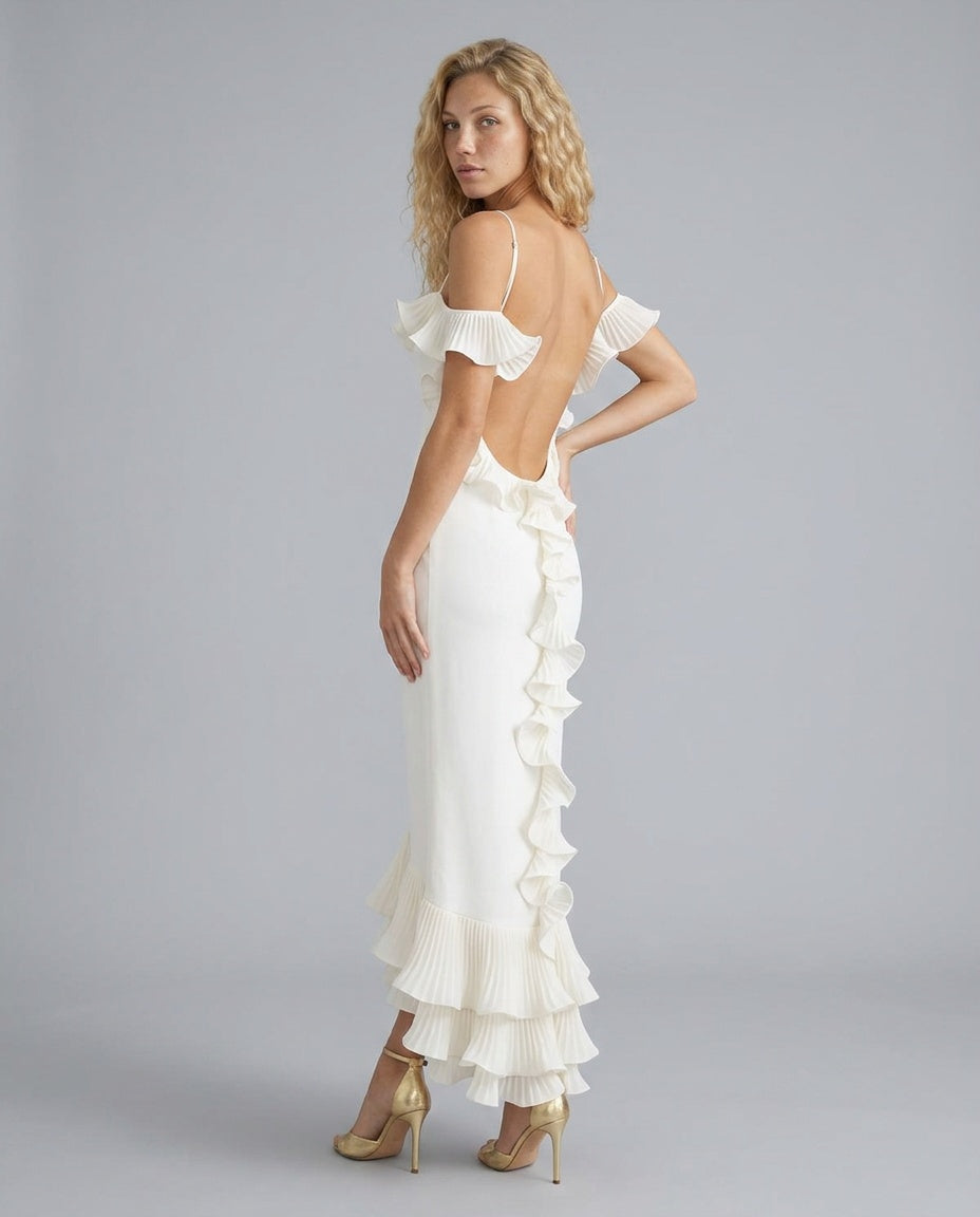 Opal | Pleated Ruffle Stretch Jersey Midi Dress