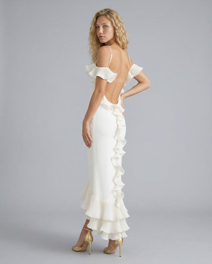 Opal | Pleated Ruffle Stretch Jersey Midi Dress