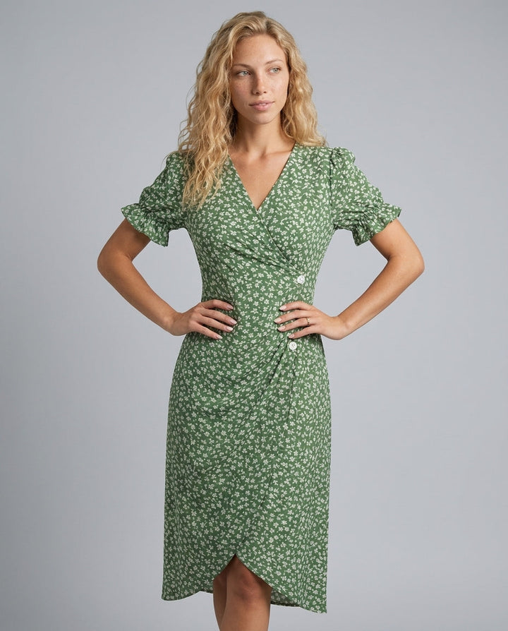 Nina | Floral Ruffle Sleeve Midi Wrap Dress