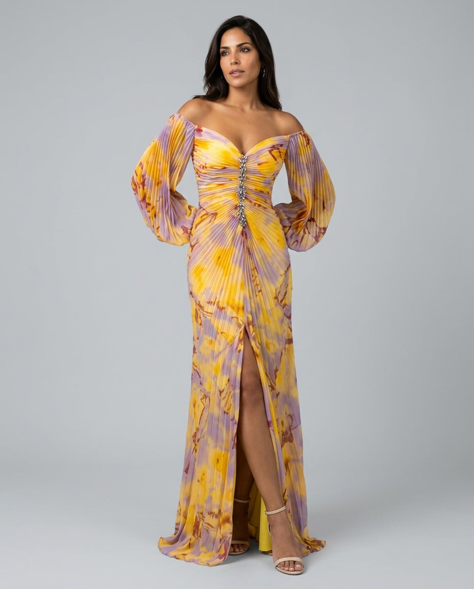 Elodie | Off-Shoulder Pleated Print Maxi Dress