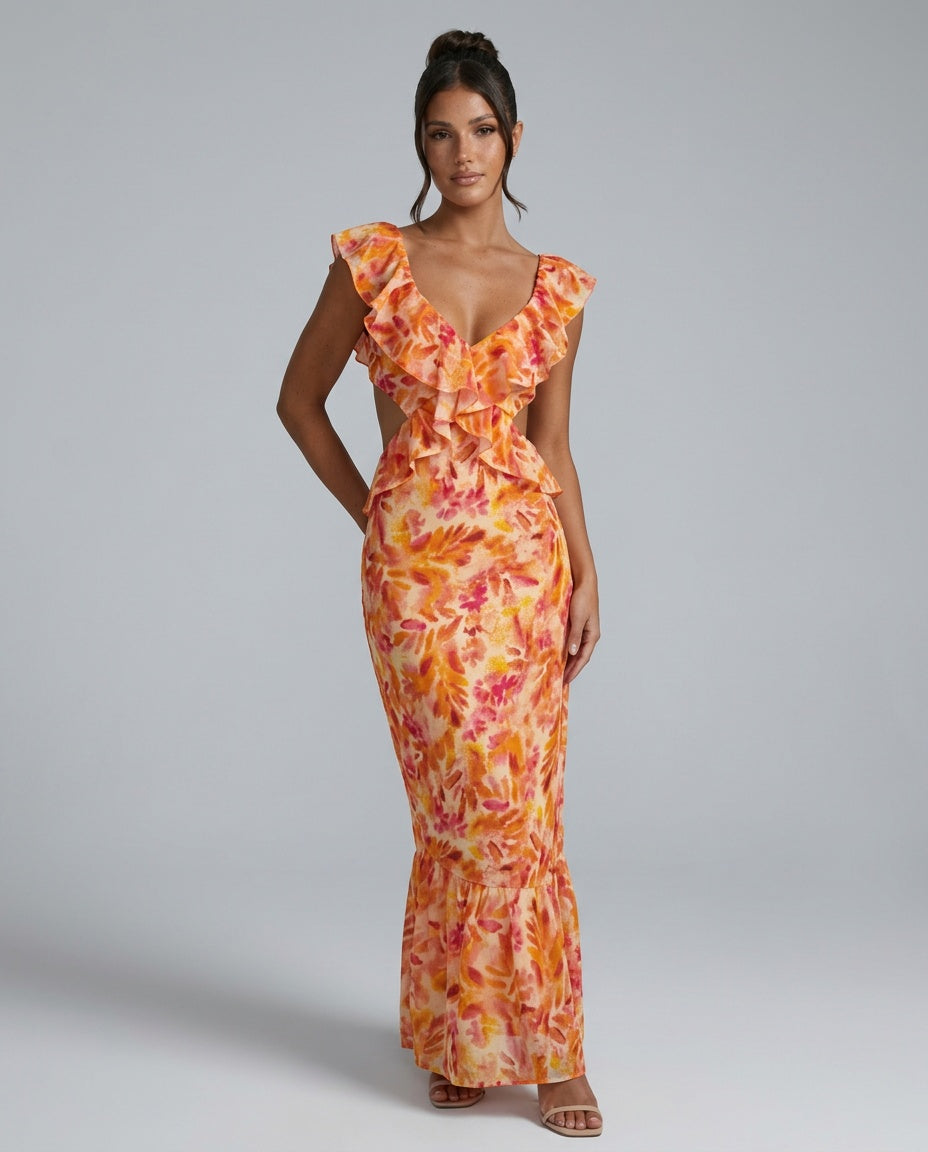 Pia | Ruffle Floral Cocktail Maxi Dress