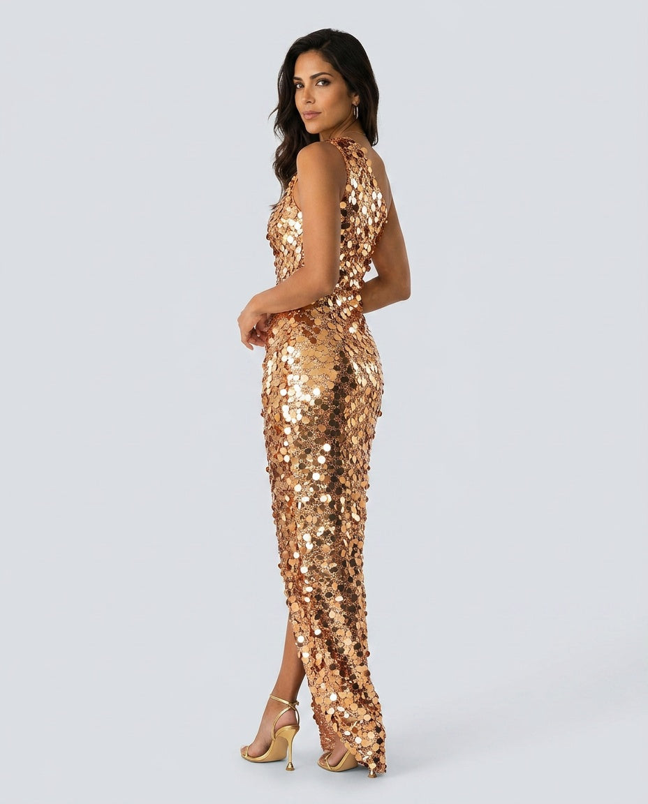 Odette | One-Shoulder Sequin Slit Maxi Dress
