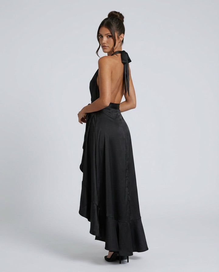 Velara | Off-Shoulder V-Neck Satin Maxi Dress