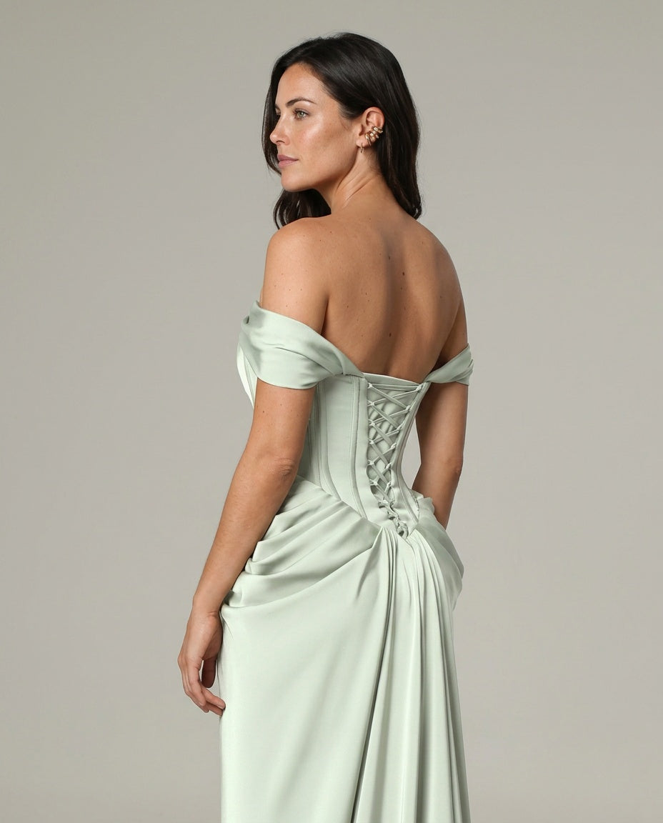 Celeste | Satin Pleated Lace-Up Maxi Dress