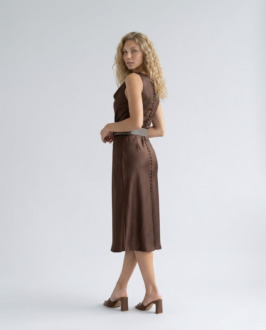Elara | Glossy Cowl Neck Satin-Look Midi Dress