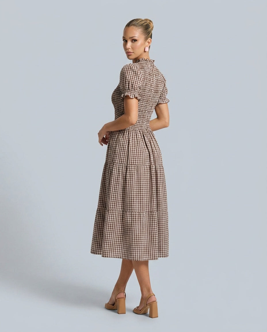 Tatum | Shirred Puffed Sleeve Plaid Midi Dress
