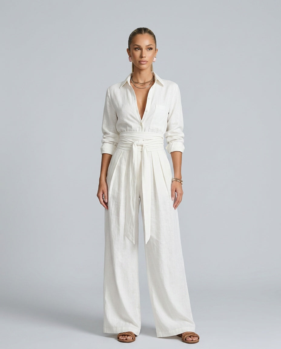 Marlowe | Long-Sleeve Shirt Collar Jumpsuit With Belt