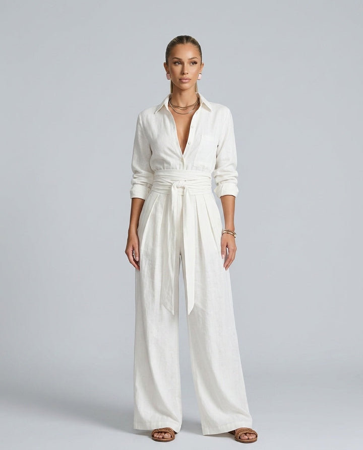 Marlowe | Long-Sleeve Shirt Collar Jumpsuit With Belt