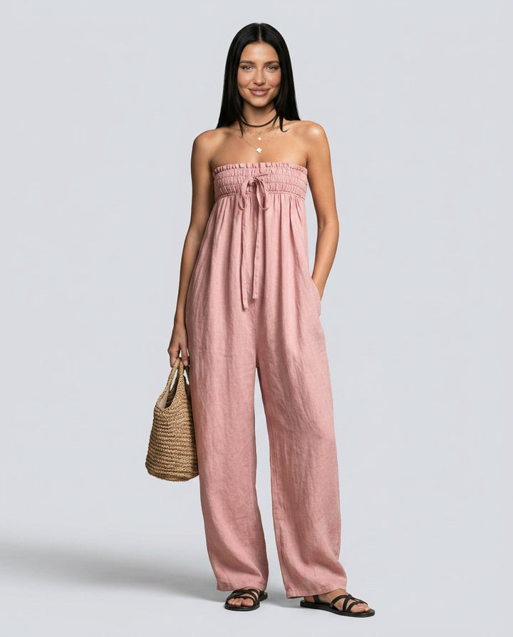 Ivy | Linen Blend Strapless Jumpsuit with Tie Closure