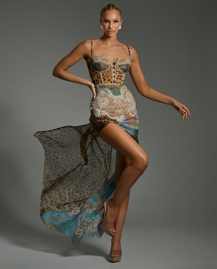 Soraya | Lace-Trim Leopard Print Side Slit Maxi Dress