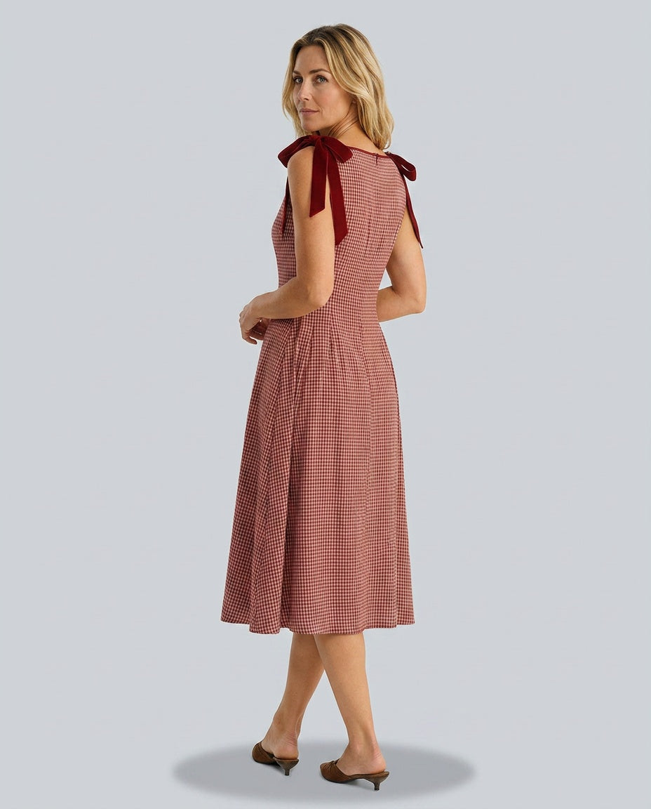 Harlow | Red Gingham Tie Strap A-Line Midi Dress