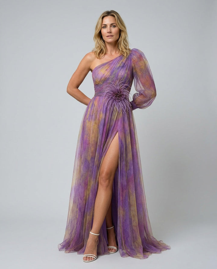 Nevara | Asymmetric Sleeve Maxi Evening Gown
