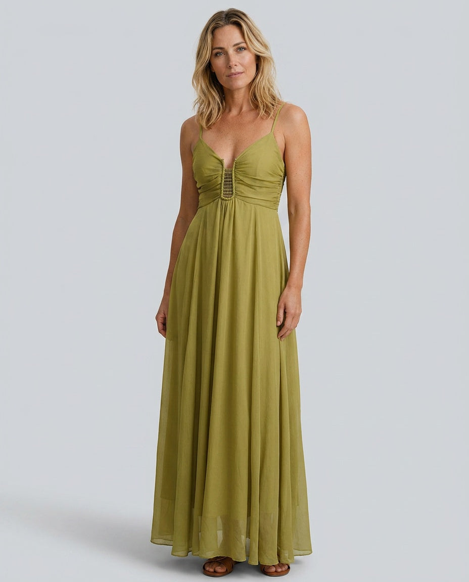 Sage | Ruched Spaghetti Strap Slip Maxi Dress