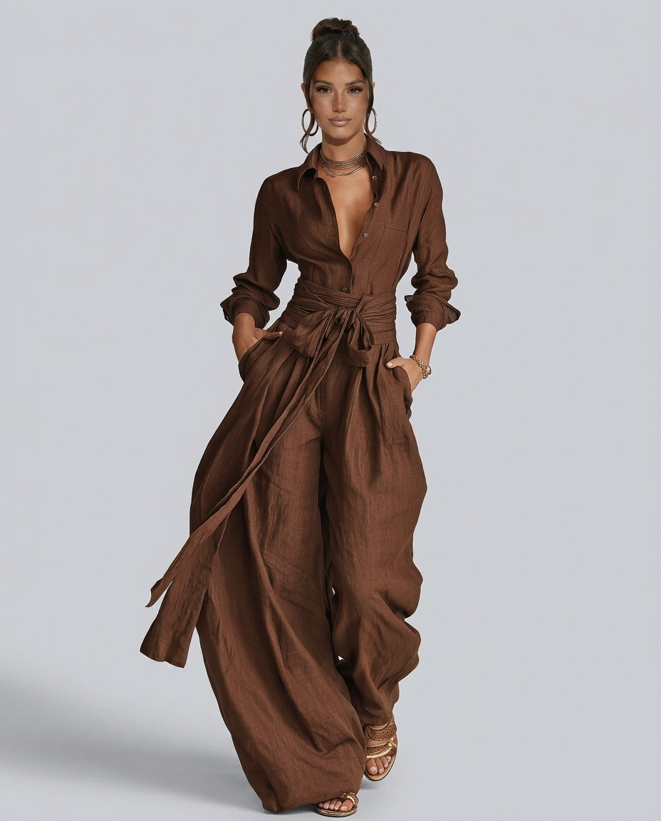 Marlowe | Long-Sleeve Shirt Collar Jumpsuit With Belt