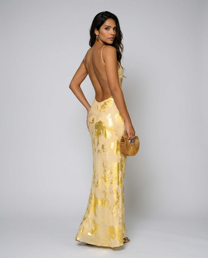 Esme | Yellow &amp; Gold Backless V-Neck Maxi Dress