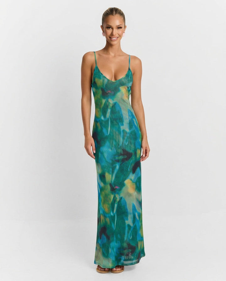 Imogen | Sleeveless Abstract Print Mesh Maxi Dress