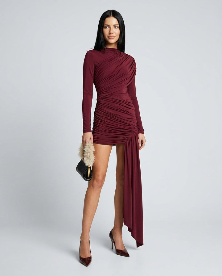 Opal | Asymmetric Gathered Long Sleeve Mini Dress