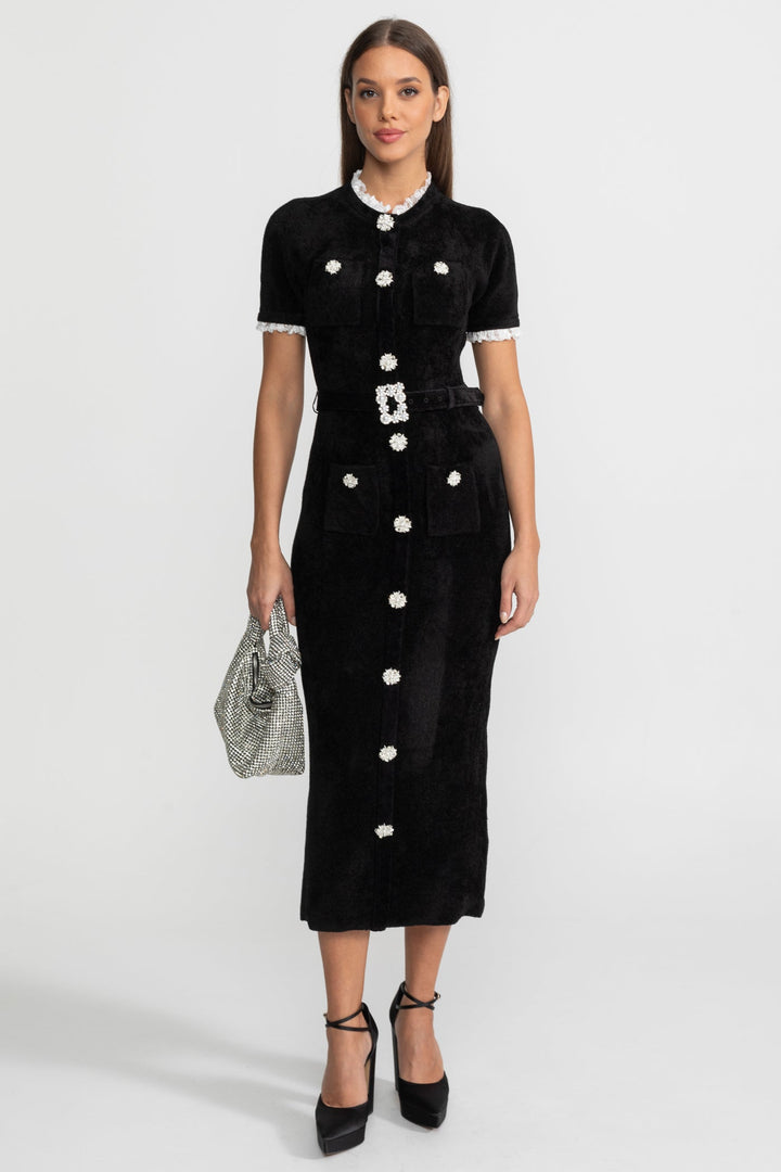Lucette | Crystal Button Lace Trim Midi Dress