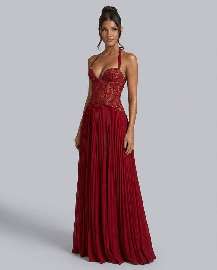 Ottilie | Sweetheart Lace Chiffon Pleated Maxi Dress