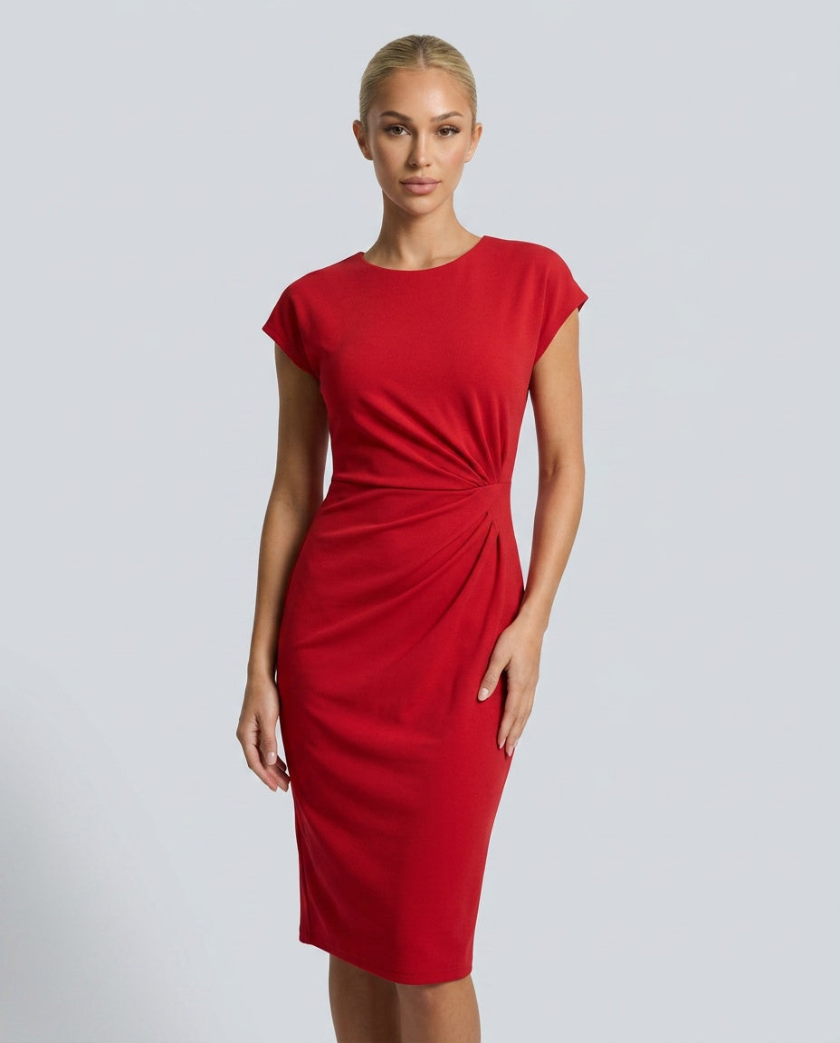 Valentina | Ruched Waist Round Neck Midi Dress