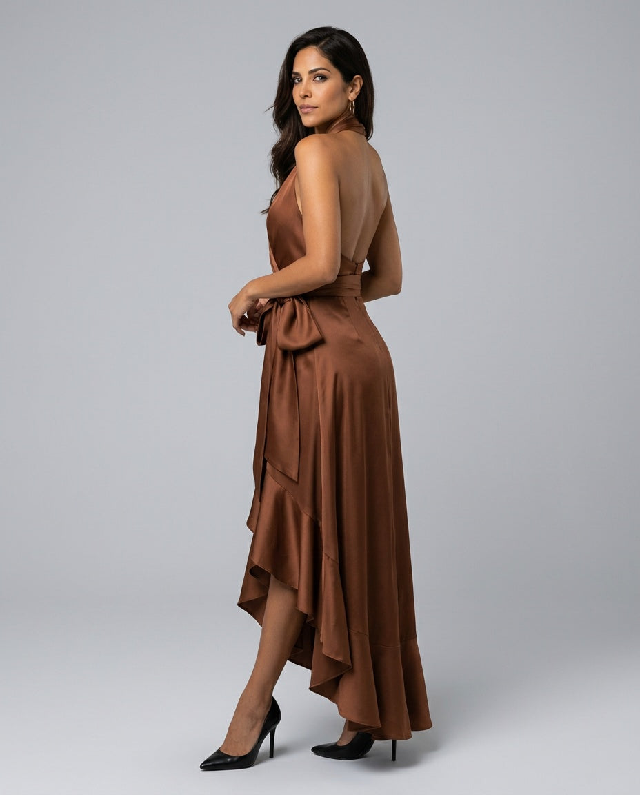 Velara | Off-Shoulder V-Neck Satin Maxi Dress
