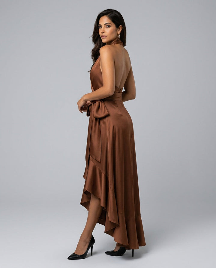 Velara | Off-Shoulder V-Neck Satin Maxi Dress